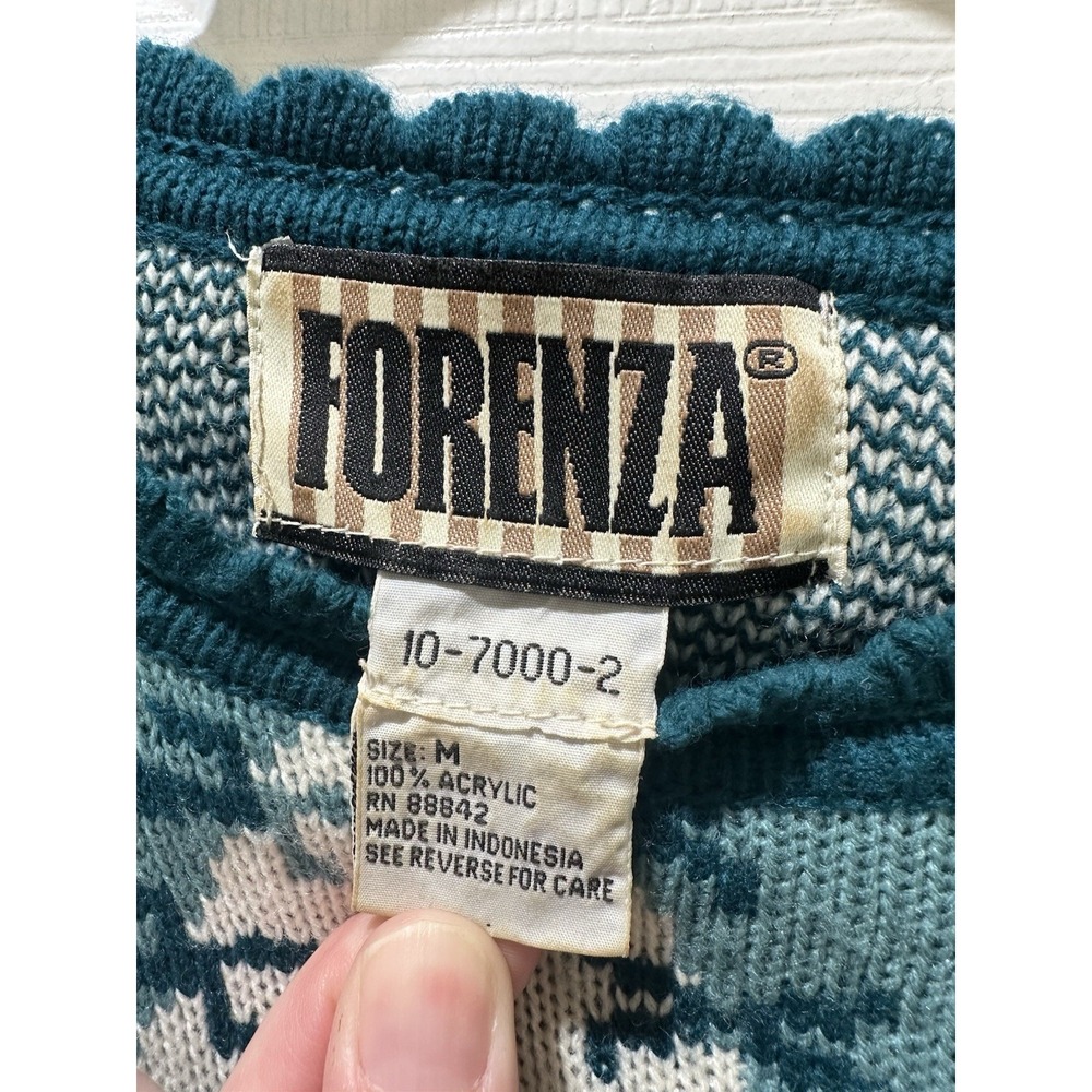 VINTAGE 90's Forenza Sweater Women's Med Oversized Green Teal Geometric Pullover - Picture 4 of 5